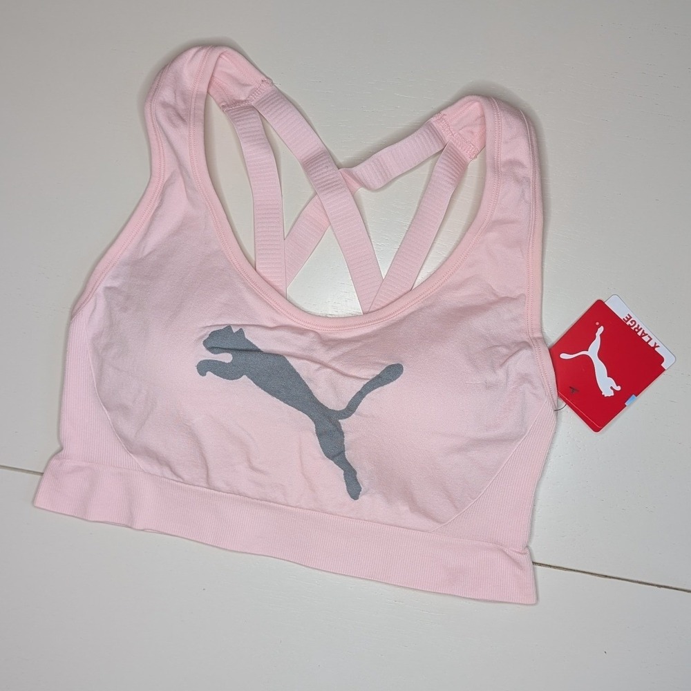 Puma Sports Bra Womens XL Pink Seamless Low Support DryCell Strappy Big Cat Logo